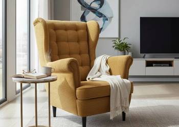 Fotel Uszak Skandynawski Sztruksowy Musztardowy, Różne Kolory, Dostawa 0zł!