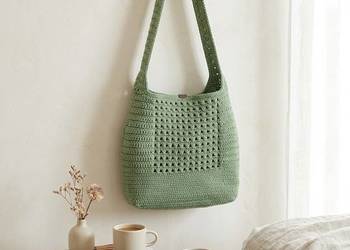 Duża, ażurowa torba na ramię z organizerem crochet, ręcznie robiona