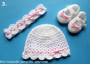 Czapeczka, opaska, buciki KOMPLET zestaw na chrzest dziewczynki RĘKODZIEŁO
