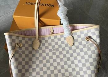 Torebka shopper Louis Vuitton Neverfull MM biała kratka z różowym środkiem