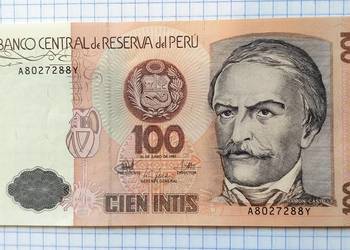 BANKNOT - 100 INTIS 1987 ROK - PERU ( SER. A8027288Y )