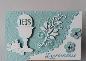 ZAPROSZENIA KOMUNIA CHŁOPIEC KIELICH Z WINOGRONEM – K3 – BŁĘKIT – BIEL