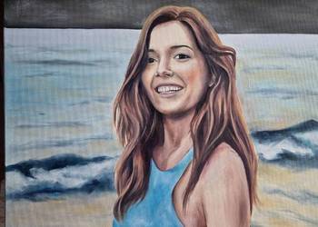 Obraz ręcznie malowany. Portret dziewczyny koło morza. 50x70cm