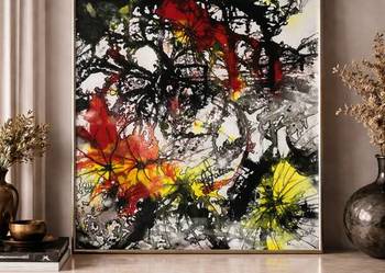 Obraz sygnowany Valtere styl abstrakcja ekspresyjna złota rama DUŻY