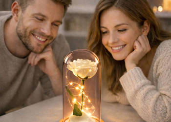 Wieczna 1 Róża W Szkle Kopuła Oświetlenie LED Biała prezent Dzień Kobiet