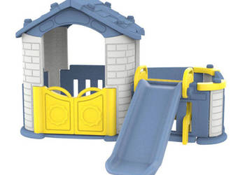 Domek ogrodowy dla dzieci z ogródkiem i zjeżdżalnią