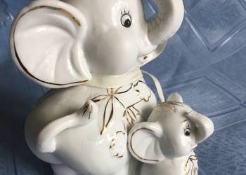 Słoń porcelanowy, dwa  urocze słoniki, białe, suto złocone