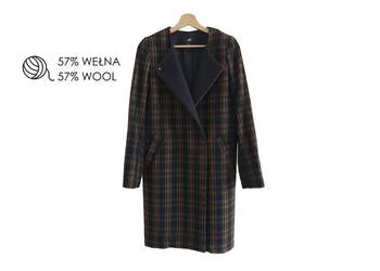 Wełniany płaszcz damski w kratę oxford navy płaszcz damski zimowy H&M NOWY