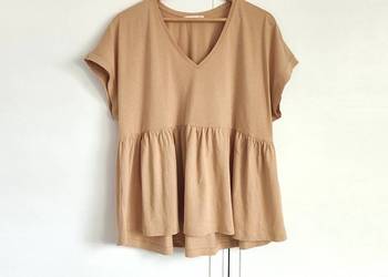 Karmelowa Mango koszulka babydoll v-neck XL brązowa bawełna