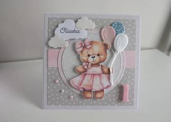 Personalizowana kartka na Roczek urodziny ręcznie robiona miś