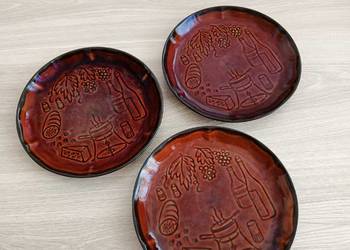 Zestaw brązowych talerzy śniadaniowych porcelit Pruszków 3 szt PRL Vintage