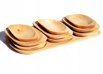Korytko DREWNIANE +9 talerzyków miska taca zestaw