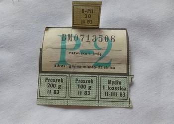Kartka zaopatrzeniowa PRL, II 1983 r. na proszek do prania i mydło.