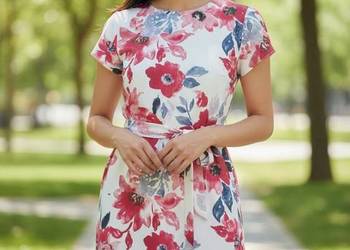 Sukienka damska elegancka kwiaty falbana wiązana paskiem r. 40 biust 100 cm