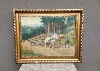 102 Stary przedwojenny obraz Zwózka drewna sygnowany Hoffmann 98x78cm konie