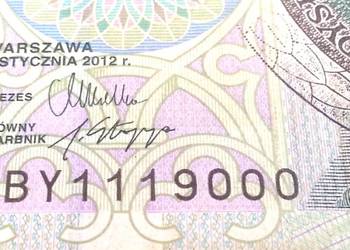 Banknot 100 zł z 2012 ciekawy nr BY1119000 kolekcjonerski