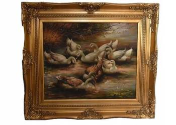 Rodzina Kaczek -Kaczki Kaczka - Złota Rama Obraz Olejny 83x73