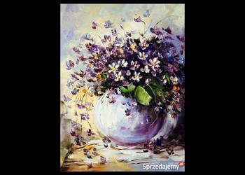 Kowalik - Fiołki - 30x40cm Obraz Olejny Kwiaty Bukiet Wazon