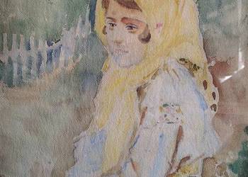 Wiejska dziewczynka akwarela antyk