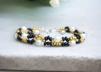 Bransoletka perłowa z czarno złotymi koralikami