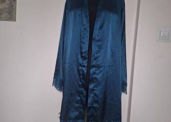 Piekny turkusowy morski szlafrok z koronką ala satyna 42