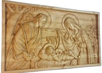 Drewniana płaskorzeźba Święta Rodzina Boże Narodzenie dekoracja religijna