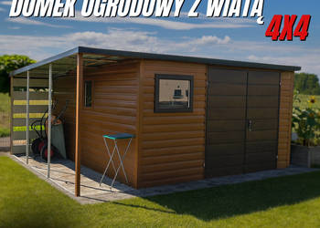 Domek Ogrodowy 4x4 z wiatą Złoty Dąb + Ciemny Orzech MONTAŻ GRATIS