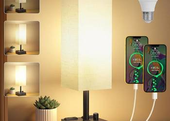 Lampka nocna Z gniazdami USB, USB-C, Abażur z tkaniny, VINTAGE