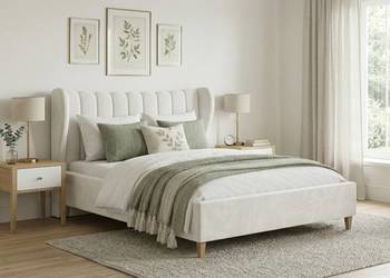 Białe łóżko z uszami panelami Jasmine 180x200 + pojemnik + stelaż