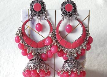 Długie kolczyki orientalne jhumki kolor srebrny różowy koraliki Bollywood b Długie kolczyki orientalne jhumki kolor srebrny różowy koraliki Bollywood b
