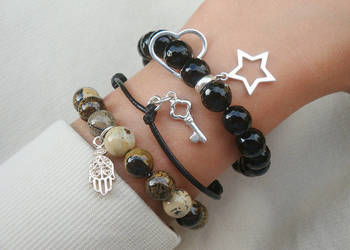 Bransoletki (3szt): Jaspis,sznurkowa,Onyks z zawieszkami srebrnymi, czarna