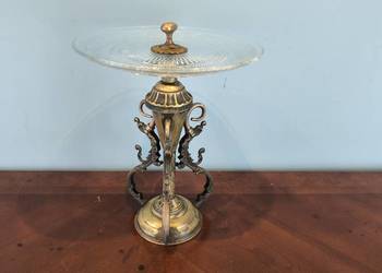 Piękna mosiężna patera z kryształowym szkłem