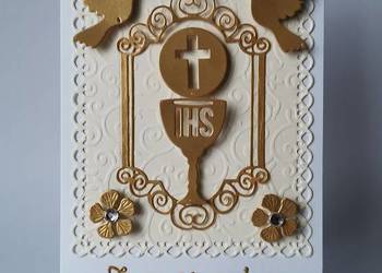 ZAPROSZENIA KOMUNIA UNIWERSALNE KIELICH Z HOSTIĄ RAMKA GOŁĘBIE – B6 – ZŁOTO