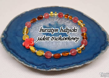 Bransoletka bursztyn bałtycki, jadeit truskawkowy #114