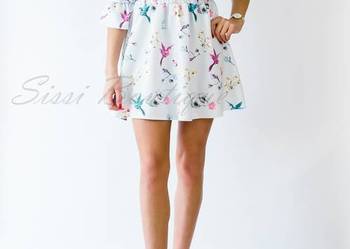 NOWA z metką sukienka błękit cold shoulder kwiaty kolibry 36