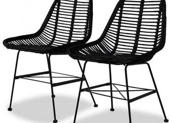 Krzesła stołowe, 2 szt., czarne, naturalny rattan（SKU:244571）