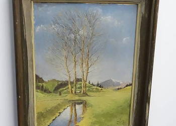 Stary Obraz Olejny Pejzaż Górski W Ramie Drzewa Góry Retro Vintage 56x68 Cm