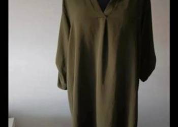 Sukienka khaki długa oversize asemetryczna dekold w serek V  luźna tweedowa