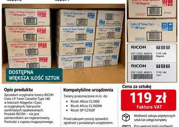 TONERY, TONER RICOH Typ 140 MAGENTA 402072, CYAN 402071 – nowy, fabrycznie