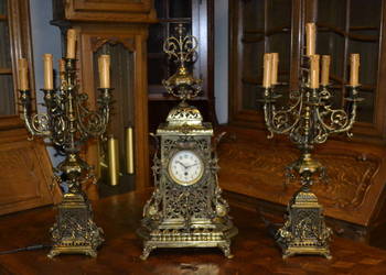 zegar kominkowy z kandelabrami ,mosiądz