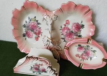 Różany zestaw porcelanowy kabaret serwetnik popielnica