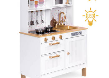 Kuchnia dla dzieci z dźwiękami i LED drewniana duża otwierane szafki 7 akc…