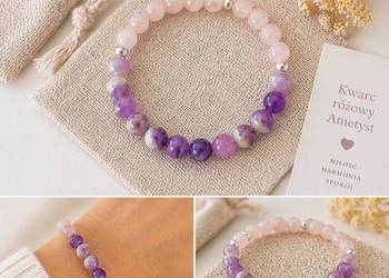 Bransoletka kwarc różowy ametyst naturalne kamienie elastyczna prezent