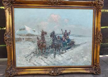 Zimowy kulig stary obraz olejny antyk