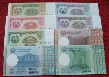TADŻYKISTAN Kolekcjonerskie Banknoty Zestaw - 8 sztuk UNC