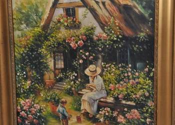 ST Kamocki - Kolorowy Ogród - Dom Na Wsi Kobieta z Dzieckiem - Obraz Olejny