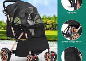 WÓZEK 4 KOŁOWY SPACEROWY CZARNY SKŁADANY DLA ŚREDNICH PSÓW Z HAMULCEM