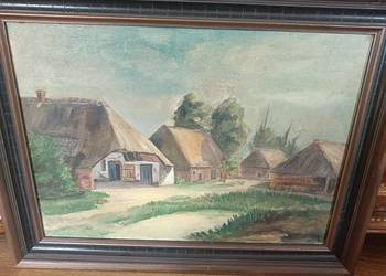 Stary obraz olejny w ramie " Stara wiejska osada"