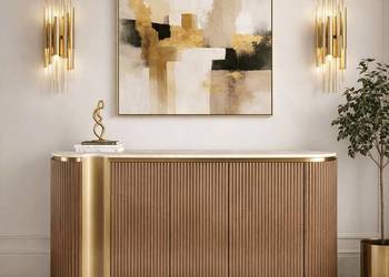 Ryflowana komoda drewniana brązowa złota Nutris Glamour Premium z blatem m…