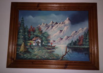 Obraz malowany ręcznie lata 60-70 o wym. 85 cm x 64 cm.